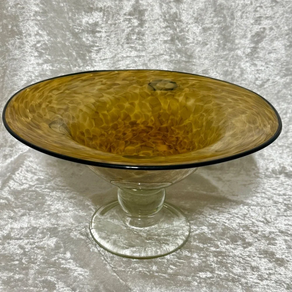 Amber Swirl Bowl Cleat Pedestal Dark Rim Glass Decorative Trinket Dish 6